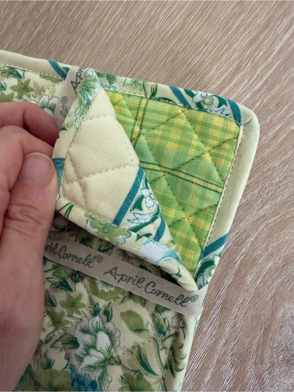 April Cornell yellow blue green floral quilted pot holders set of 3
